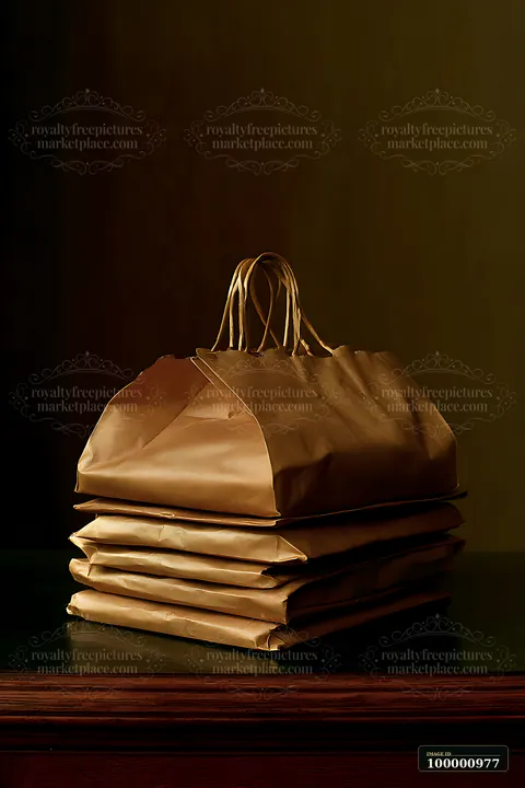 Brown paper bags are piled on a dark wooden surface.