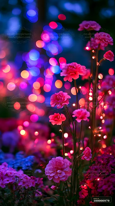 Bright flowers stand in a garden as colorful lights create a festive atmosphere during the evening.