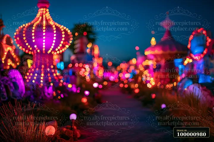 A winding path is illuminated by colorful lights, creating a festive atmosphere at night.