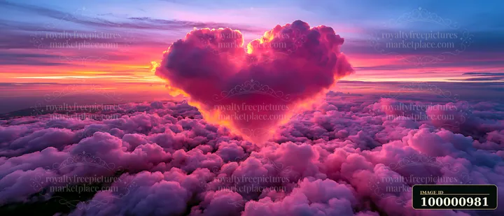 A heart-shaped cloud stands out against a vibrant sunset sky filled with pinks and purples.