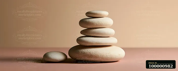 A group of smooth stones is arranged in a balanced stack on a flat surface with a soft, warm background.