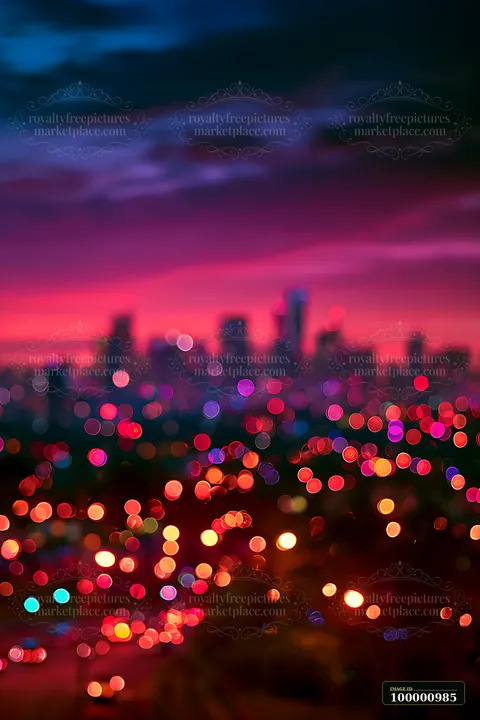 A blurred view of a vibrant city skyline during dusk, featuring colorful lights from buildings and streets below.