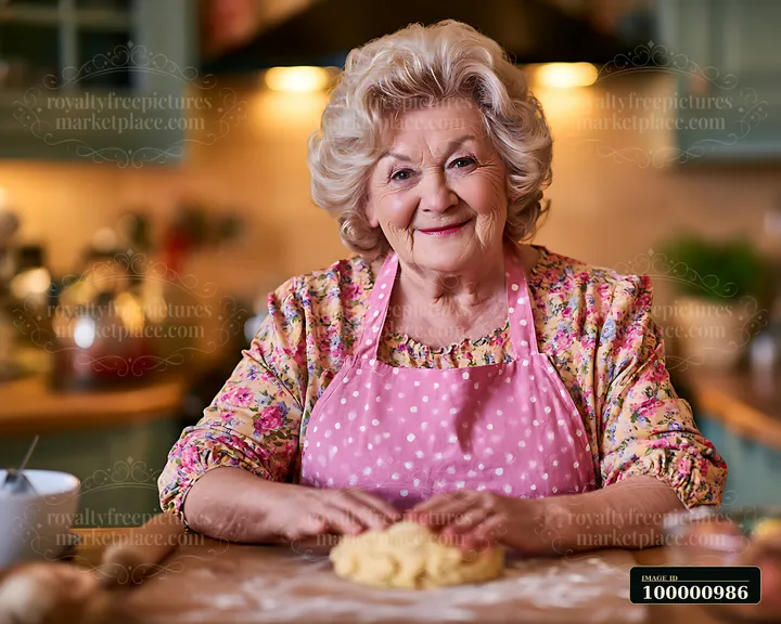 An elderly woman prepares dough on a wooden table in a home kitchen.