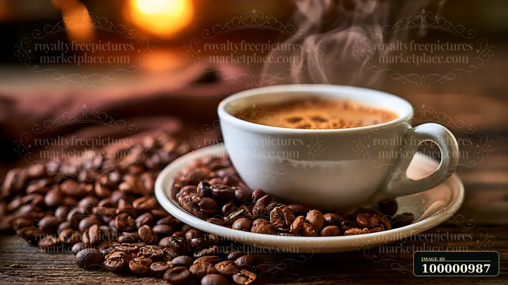Hot coffee steams in a white cup placed on a wooden table, surrounded by scattered coffee beans, providing a warm and inviting atmosphere.