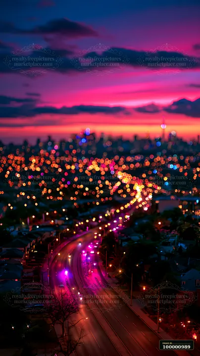 A winding road leads through the city as colorful lights illuminate the dark setting.