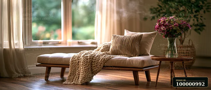 A seating area features a light fabric couch with cushions and a knitted blanket.