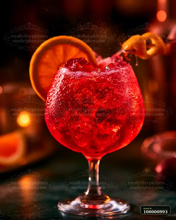 A red cocktail sits in a clear glass with ice, topped with an orange slice and a twist of peel.