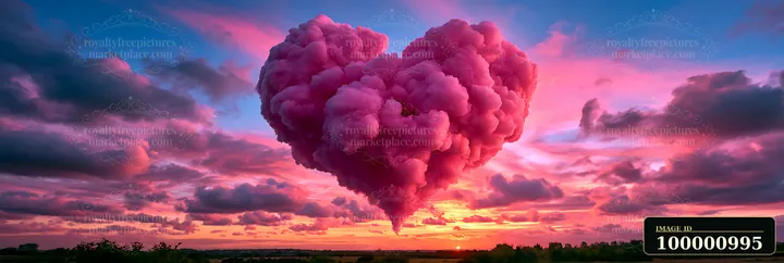 A heart-shaped cloud hangs in the sky at sunset, surrounded by vibrant pink and purple hues.