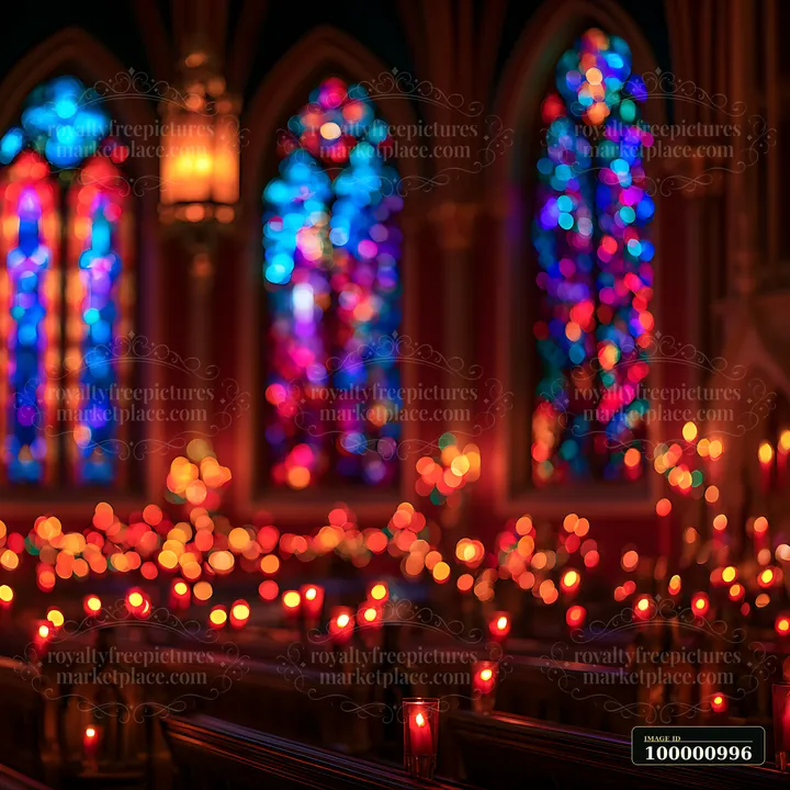 Candles illuminate the interior of a church, casting gentle light amidst colorful stained glass windows.