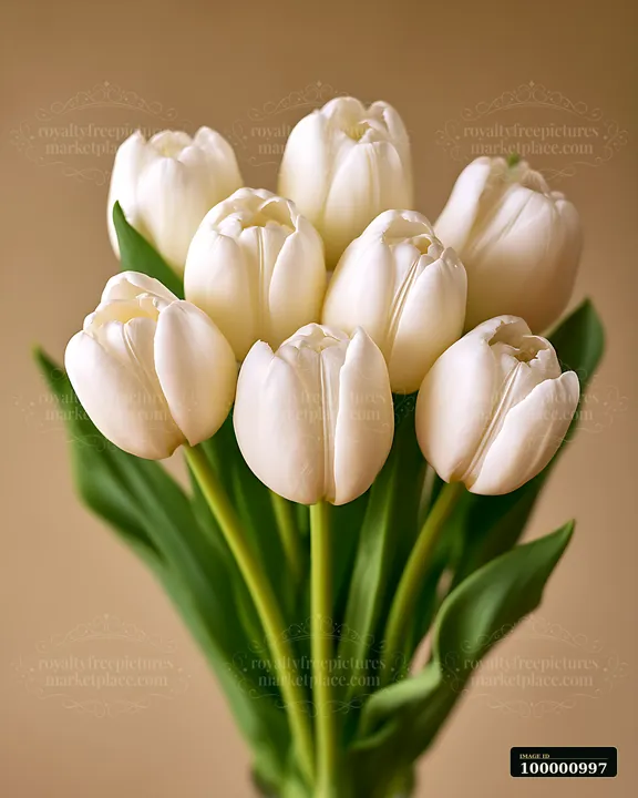 A bouquet of white tulips is showcased against a neutral background.