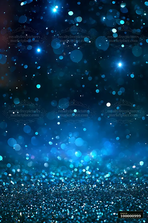 The image shows a blue background filled with sparkling bokeh lights creating a festive look.