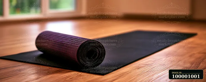 A rolled yoga mat sits on a wooden floor in a well-lit room with large windows.