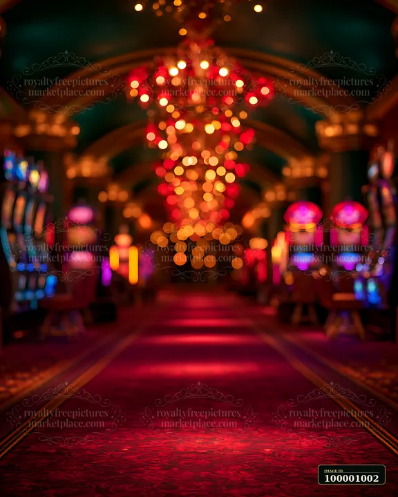 The view shows a well-lit casino hallway filled with colorful slot machines and a carpeted floor.