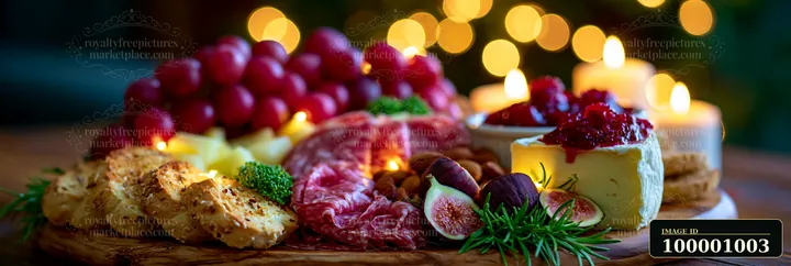 A charcuterie board features a selection of meats, cheeses, grapes, figs, and nuts arranged on a wooden platter, with candles in the background creating a warm