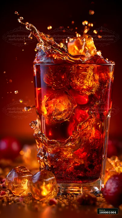 A glass filled with a dark beverage showcases ice cubes splashing and vibrant reflections.
