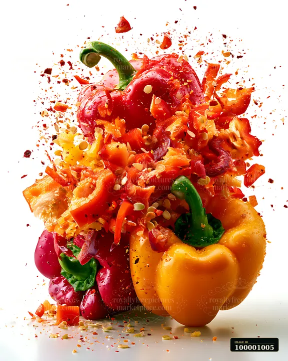 Green, red, and yellow bell peppers burst apart with flying pieces in a dynamic display.