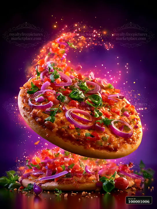 A pizza topped with bell peppers, onions, and herbs appears to float against a dark background.