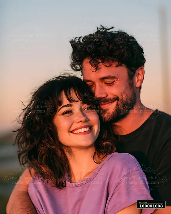 A couple stands close together, smiling and enjoying each other's company as the sun sets in the background.
