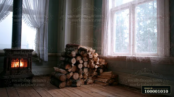 A stack of firewood stands against the wall in a room with a vintage stove.