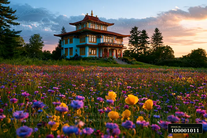 A field filled with various flowers surrounds a large blue house.