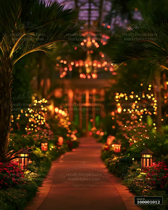 A garden pathway is illuminated by lanterns and decorative lights during dusk.