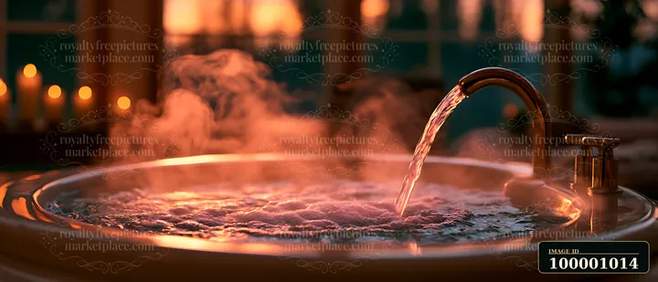Hot water pours into a bubbling hot tub, surrounded by candles, as the sun sets in the background.