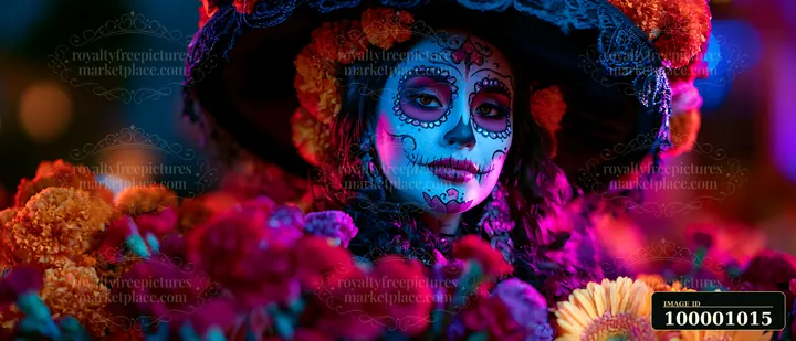 A woman wears a decorated hat and colorful face paint while surrounded by vibrant flowers during a Day of the Dead celebration.
