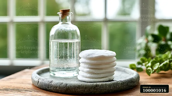 A glass bottle filled with water sits next to a stack of cotton pads on a round concrete tray.