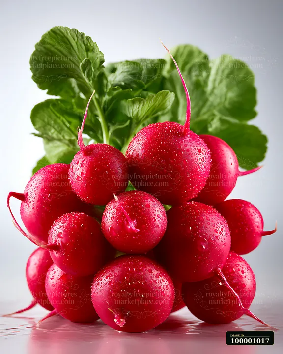 Fresh red radishes are arranged together with water droplets on their skin.