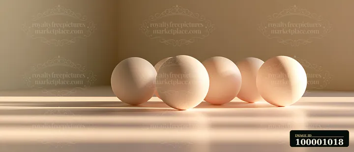 Five eggs are displayed in a straight line on a light-colored wooden table illuminated by soft shadows.