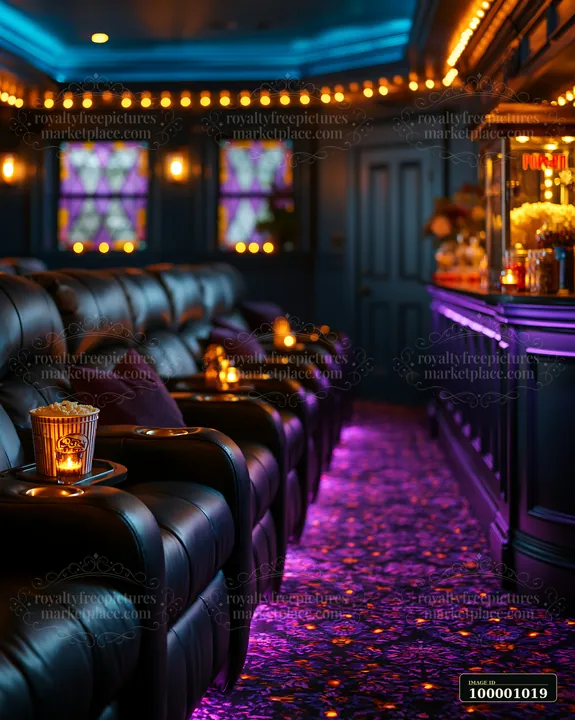This setting features a luxurious home theater with comfortable black leather recliners, ambient lighting, and a popcorn station.