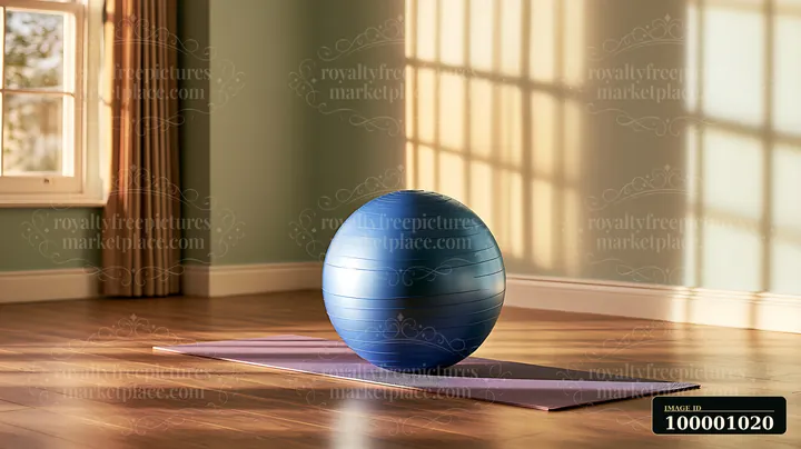 A blue exercise ball is resting on a yoga mat in an interior space.