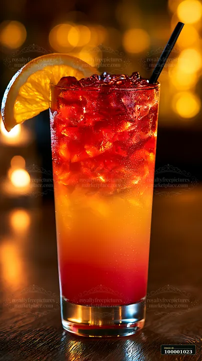 A refreshing cocktail stands on a wooden table with a dark background.