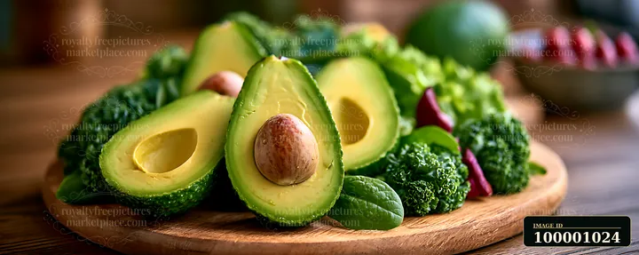Fresh avocados cut open alongside various green vegetables are displayed on a wooden cutting board.