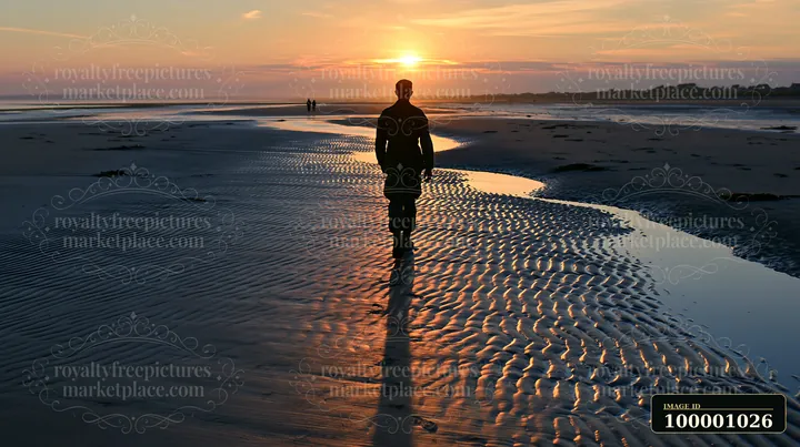 A soldier walks along the shoreline at sunset, casting a long shadow on the wet sand.