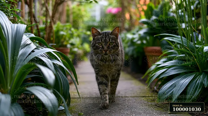 A California Spangled cat walks down a stone path surrounded by lush greenery and plants.