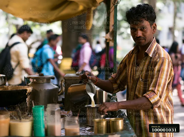A street food vendor adds milk to tea at a busy market.