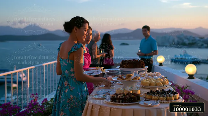 Guests enjoy a rooftop buffet dinner at sunset.