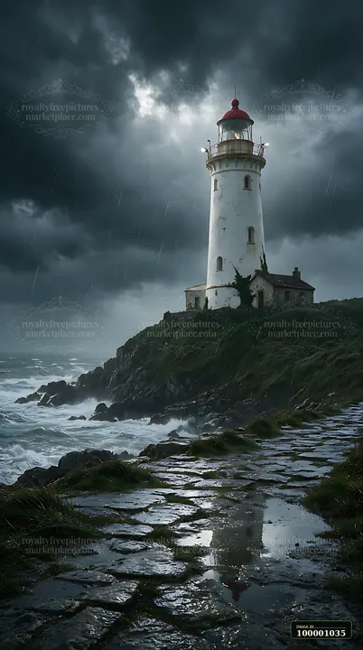 A lighthouse stands on a rocky shore with dark clouds overhead and rain falling.
