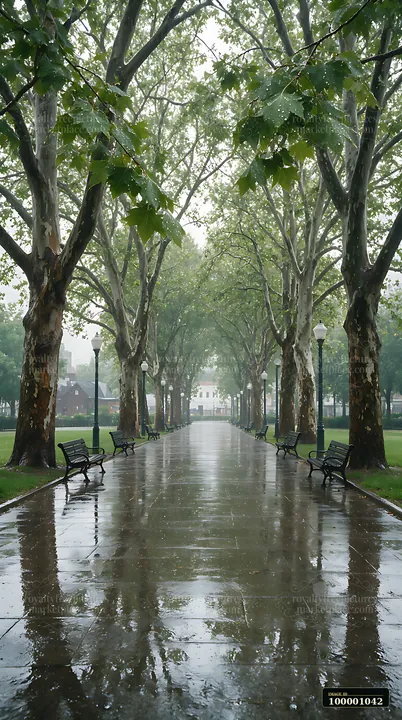 Rain falls on a walkway surrounded by plane trees in a city park.