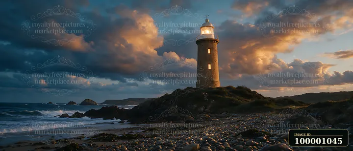A lighthouse stands tall by the rocky shore as dramatic clouds gather overhead.