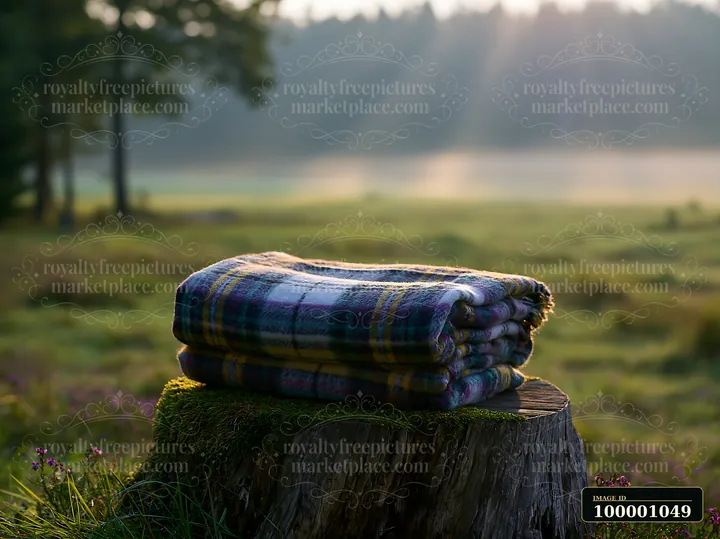 Sunbeams over a misty meadow illuminate a folded blanket placed on a tree stump.