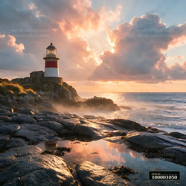 A lighthouse stands on a rocky coast as waves crash against the shore under dramatic clouds.