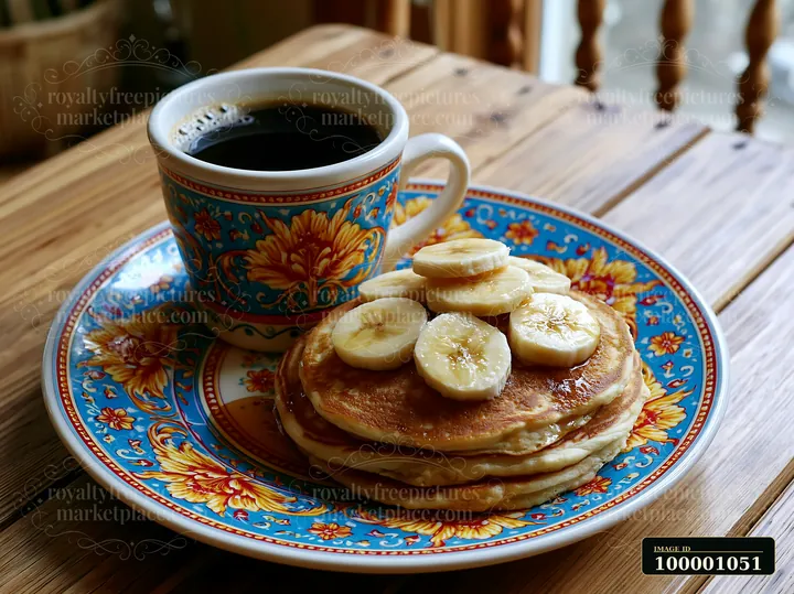 A breakfast plate with coffee features fluffy pancakes topped with banana slices beside a cup of dark coffee.