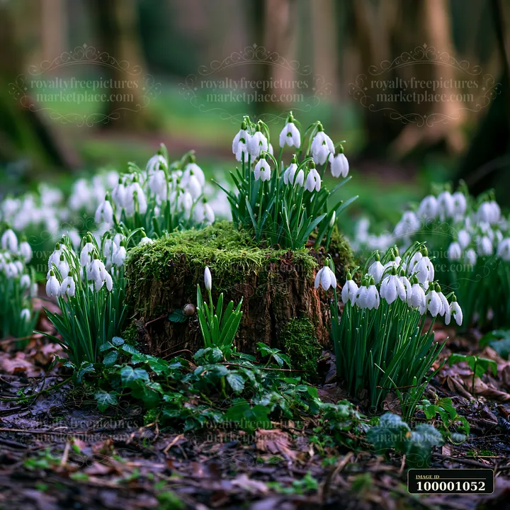 Snowdrop flowers beneath trees grow around a moss-covered stump in a forest.