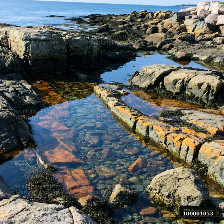 Large rocks form a natural landscape along the coastline with exposed rocks.