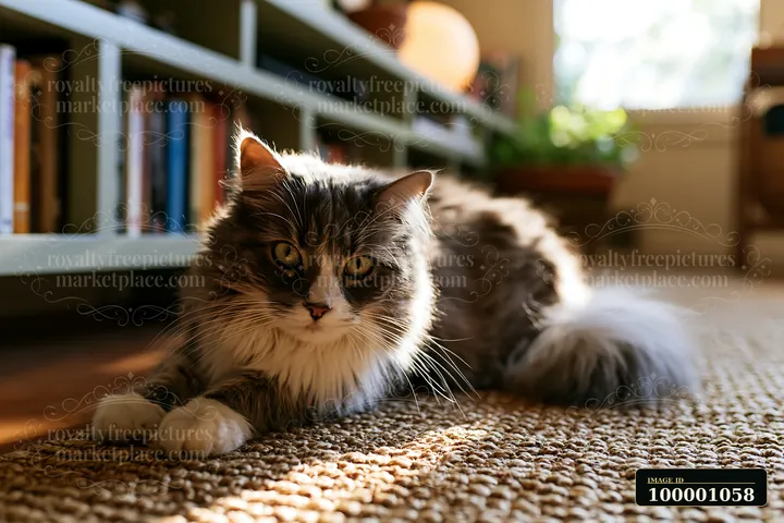 A Bambino cat lies on a textured carpet in a bright room, surrounded by shelves filled with books and plants.