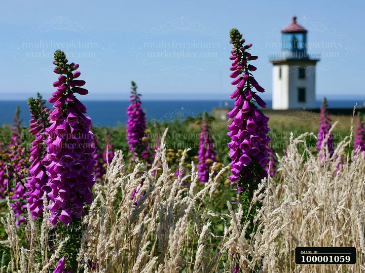 A lighthouse stands tall against the blue sky, surrounded by blooming wildflowers in spring.