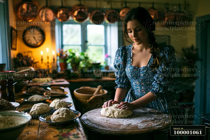 A woman kneads dough on a wooden table in a cozy farmhouse kitchen.