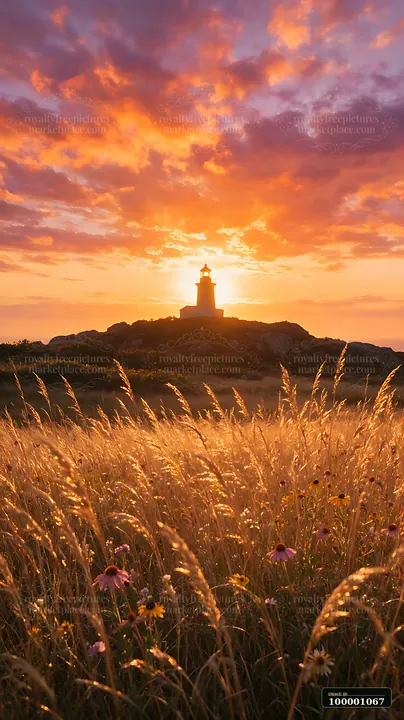 A lighthouse stands tall against a vibrant sunset backdrop while dramatic clouds fill the sky.